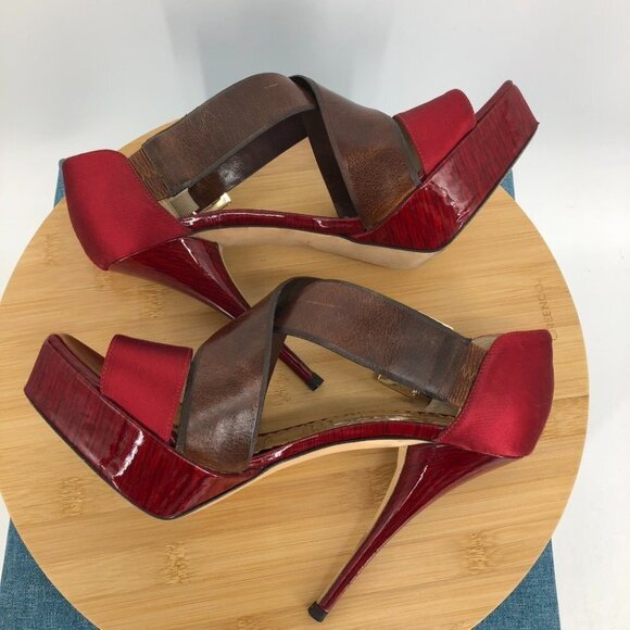 Oscar De La Renta Red Satin  Brown patent leather buckle Platform Stilettos 37 - Picture 7 of 14